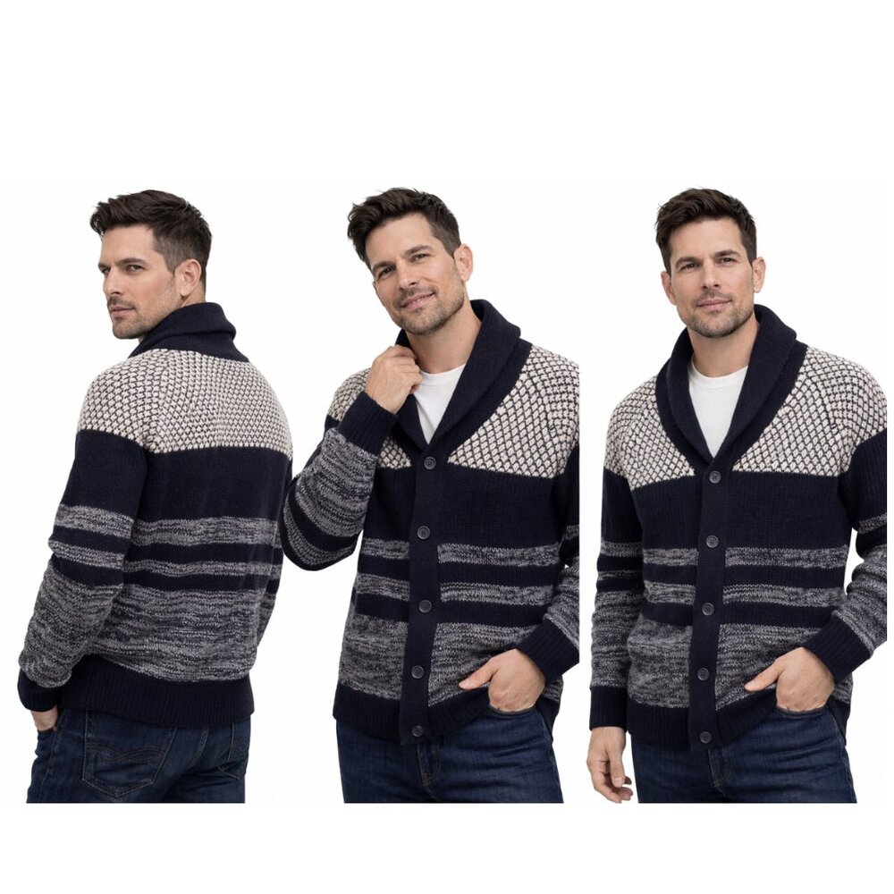 British Khaki Men’s Shawl Collar Cardigan Dark Blue White Knit Sweater Size XL